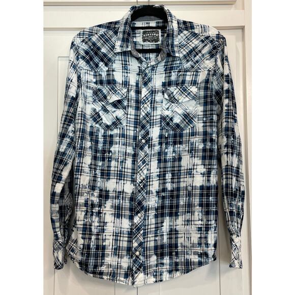 Buckle Pearl Snap navy plaid and bleach distressed Western Shirt LG 100% Cotton - Picture 1 of 9